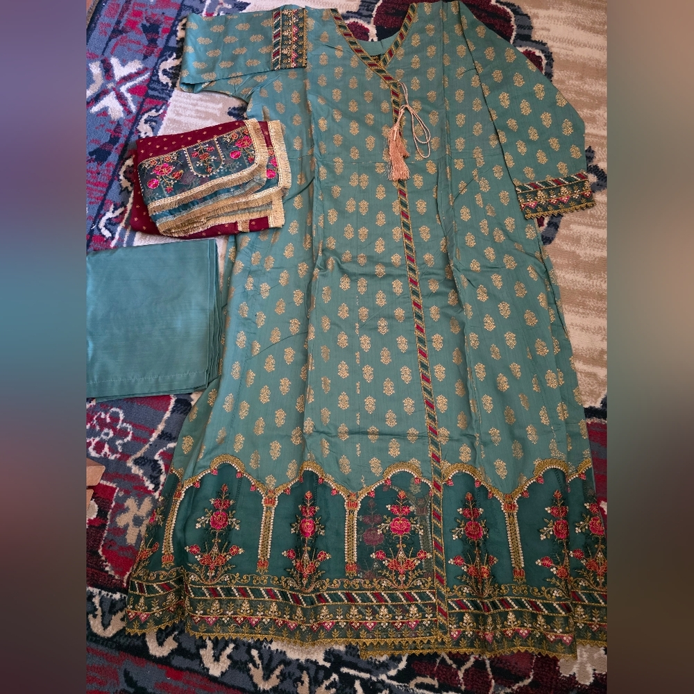 3PC Pakistani Teal and Gold Embroidered Maxi Dress